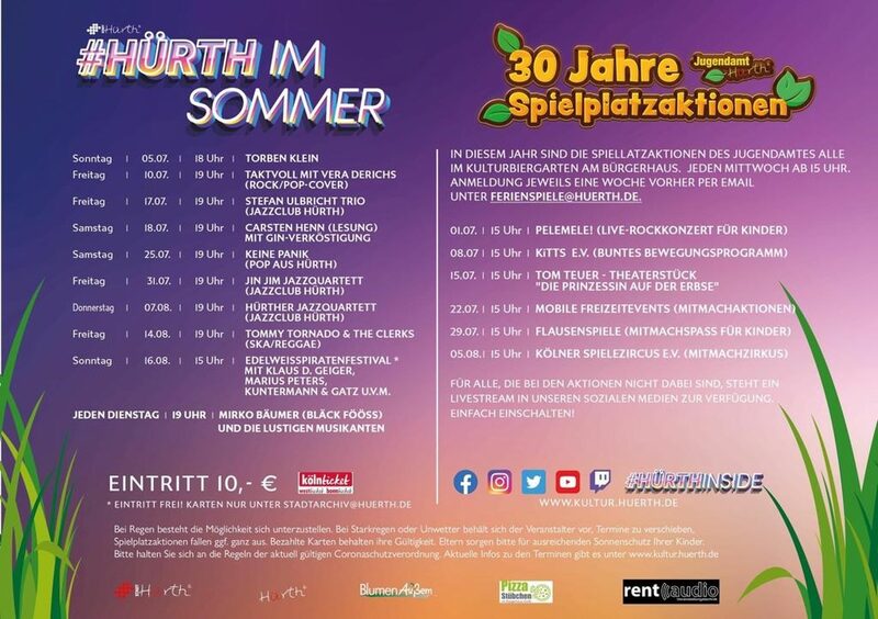 Programm der Veranstaltungen #HürthImSommer und 30 Jahre Spielplatzaktionen.
