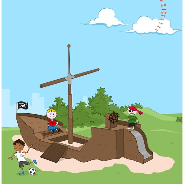 Zeichnung von drei Kindern auf einem Piratenschiff.
