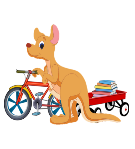 Känguru schiebt Fahrrad mit Anhänger voller Bücher